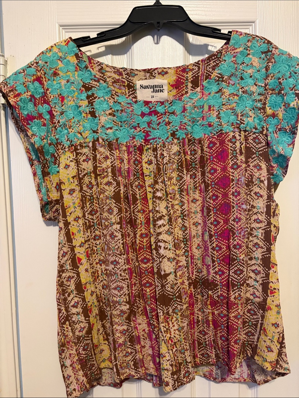 Savanna Jane Brown Top with Turquoise Embroidered Yoke